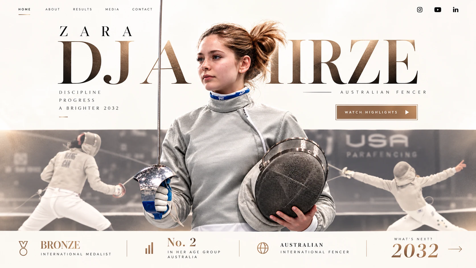 Approved ivory landing page: Zara Djamirze centred above a strip of fencing action, with editorial bronze typography and achievements.