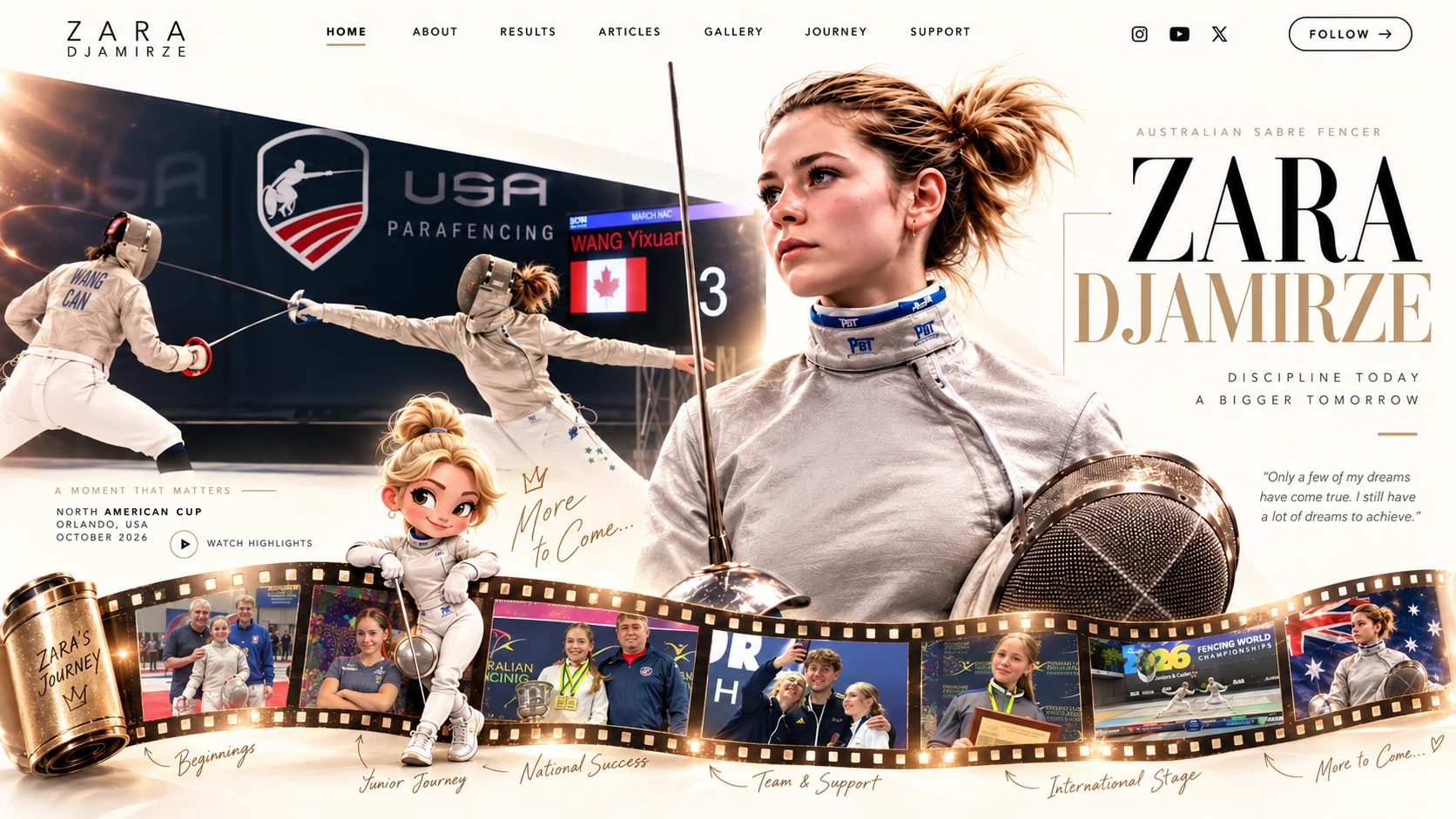 Approved Zara journey design: Zara and a fencing action moment, with her cheeky illustrated avatar leaning over an unwound film roll of memories.