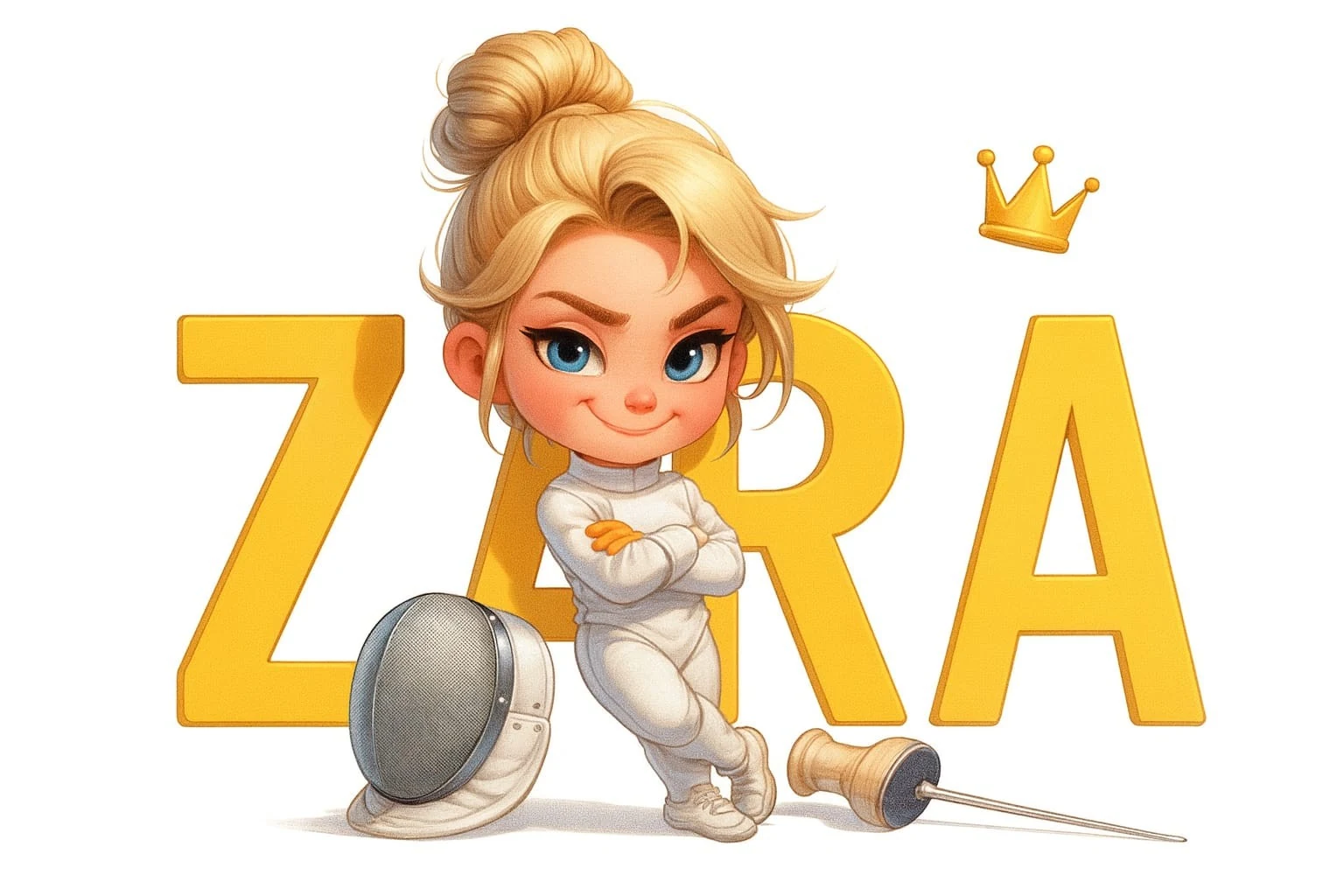 Playful illustrated young Zara in fencing whites